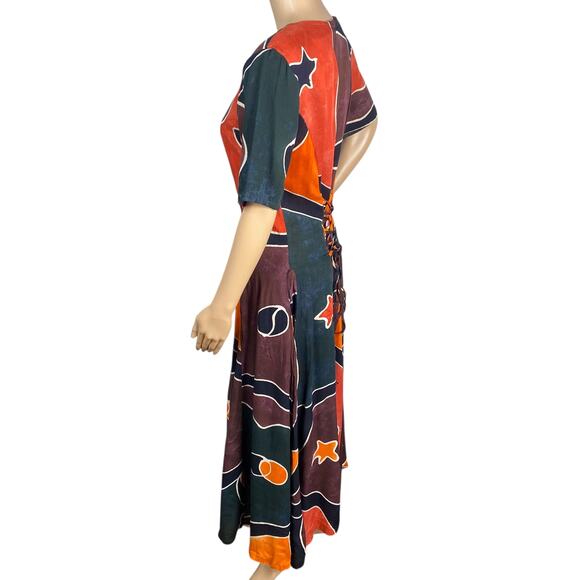 Vtg 90s Afghan by Blue Sky Boho Hippie Tie Dye Batik Lace Up Midi Dress SZ L - Picture 7 of 10